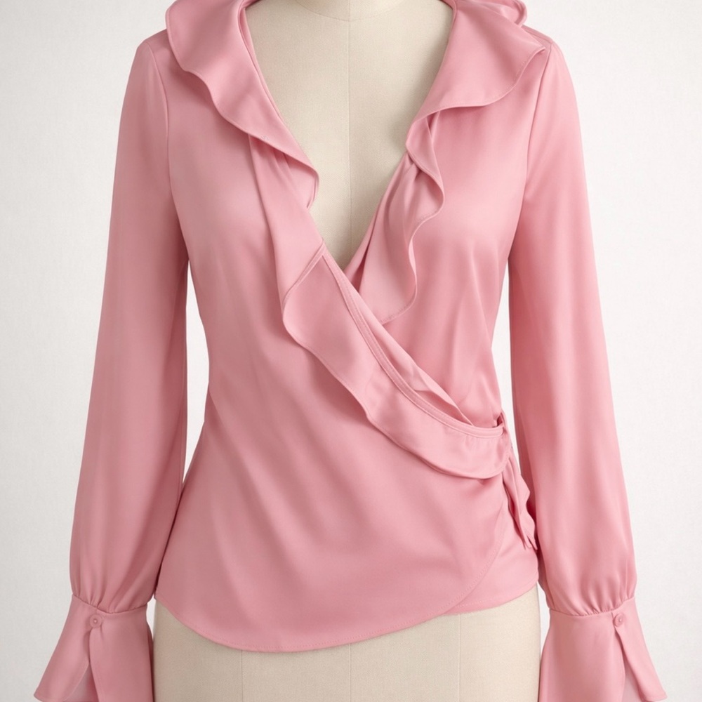 A New Day Women's Flounce Long Sleeve V-Neck Ruffle Wrap Blouse Pink XL